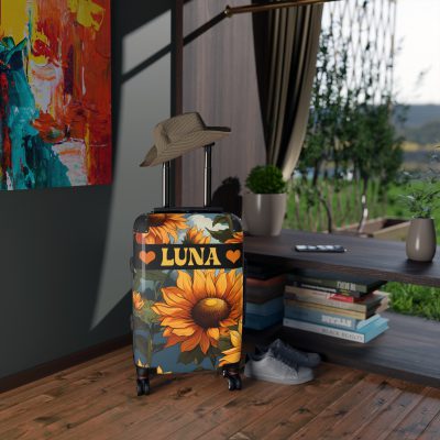 Custom Sunflower Suitcase - A personalized luggage adorned with a bright sunflower design, perfect for travelers who want to bring a touch of cheer and floral beauty to their journeys.