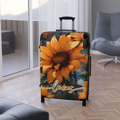 Custom Sunflower Suitcase - A personalized luggage adorned with a bright sunflower design, perfect for travelers who want to bring a touch of cheer and floral beauty to their journeys.