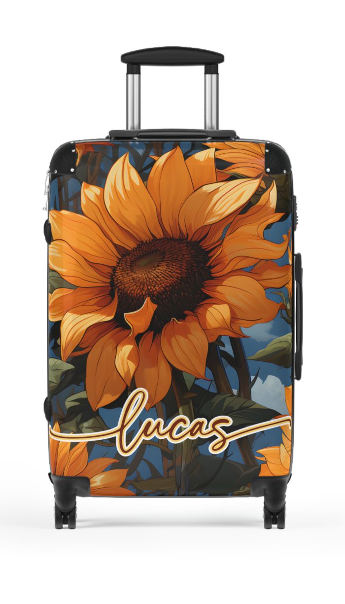 Custom Sunflower Suitcase - A personalized luggage adorned with a bright sunflower design, perfect for travelers who want to bring a touch of cheer and floral beauty to their journeys.