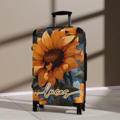 Custom Sunflower Suitcase - A personalized luggage adorned with a bright sunflower design, perfect for travelers who want to bring a touch of cheer and floral beauty to their journeys.