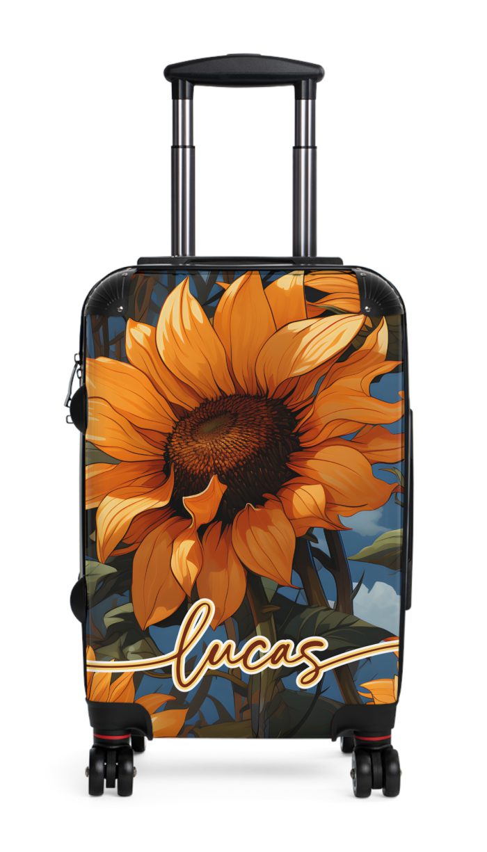 Custom Sunflower Suitcase - A personalized luggage adorned with a bright sunflower design, perfect for travelers who want to bring a touch of cheer and floral beauty to their journeys.