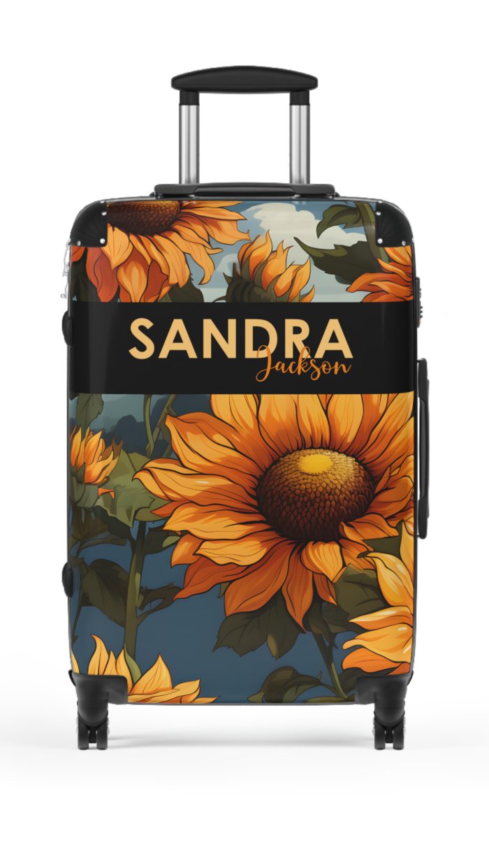 Custom Sunflower Suitcase - A personalized luggage adorned with a bright sunflower design, perfect for travelers who want to bring a touch of cheer and floral beauty to their journeys.