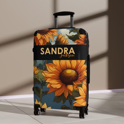 Custom Sunflower Suitcase - A personalized luggage adorned with a bright sunflower design, perfect for travelers who want to bring a touch of cheer and floral beauty to their journeys.