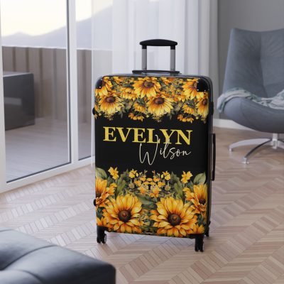 Custom Sunflower Suitcase - A personalized luggage adorned with a bright sunflower design, perfect for travelers who want to bring a touch of cheer and floral beauty to their journeys.