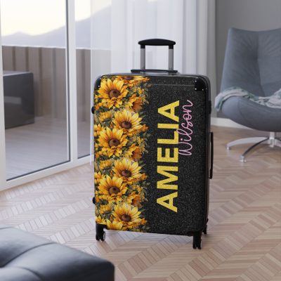 Custom Sunflower Suitcase - A personalized luggage adorned with a bright sunflower design, perfect for travelers who want to bring a touch of cheer and floral beauty to their journeys.