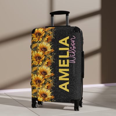 Custom Sunflower Suitcase - A personalized luggage adorned with a bright sunflower design, perfect for travelers who want to bring a touch of cheer and floral beauty to their journeys.