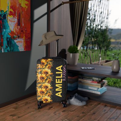 Custom Sunflower Suitcase - A personalized luggage adorned with a bright sunflower design, perfect for travelers who want to bring a touch of cheer and floral beauty to their journeys.