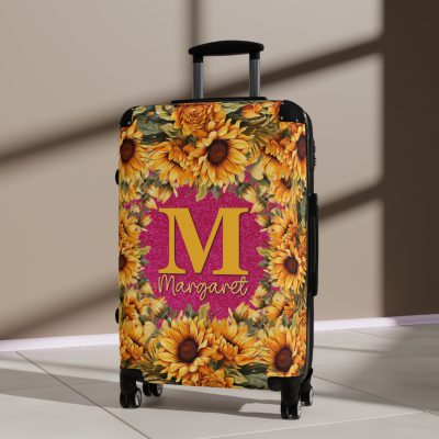 Custom Sunflower Suitcase - A personalized luggage adorned with a bright sunflower design, perfect for travelers who want to bring a touch of cheer and floral beauty to their journeys.