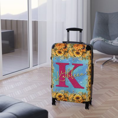 Custom Sunflower Suitcase - A personalized luggage adorned with a bright sunflower design, perfect for travelers who want to bring a touch of cheer and floral beauty to their journeys.