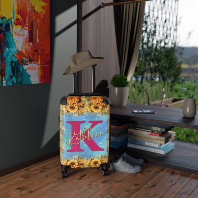 Custom Sunflower Suitcase - A personalized luggage adorned with a bright sunflower design, perfect for travelers who want to bring a touch of cheer and floral beauty to their journeys.