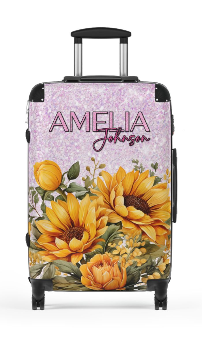 Custom Sunflower Suitcase - A personalized luggage adorned with a bright sunflower design, perfect for travelers who want to bring a touch of cheer and floral beauty to their journeys.