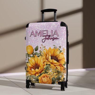 Custom Sunflower Suitcase - A personalized luggage adorned with a bright sunflower design, perfect for travelers who want to bring a touch of cheer and floral beauty to their journeys.