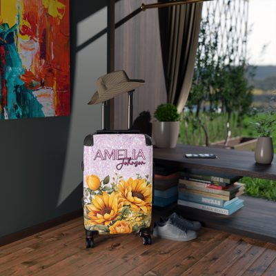 Custom Sunflower Suitcase - A personalized luggage adorned with a bright sunflower design, perfect for travelers who want to bring a touch of cheer and floral beauty to their journeys.