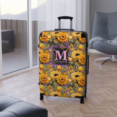 Custom Sunflower Suitcase - A personalized luggage adorned with a bright sunflower design, perfect for travelers who want to bring a touch of cheer and floral beauty to their journeys.