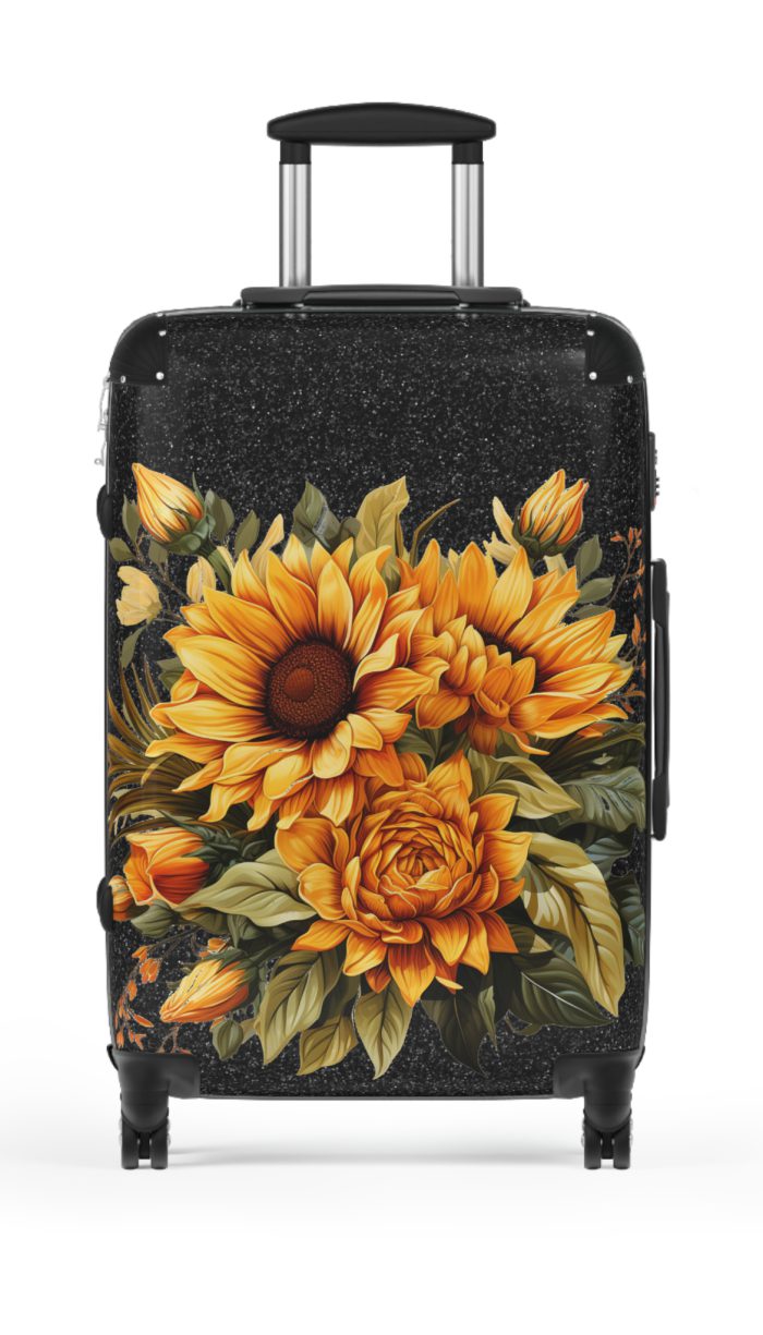 Sunflower Suitcase - A luggage adorned with a bright sunflower design, perfect for travelers who want to bring a touch of cheer and floral beauty to their journeys.Sunflower Suitcase - A luggage adorned with a bright sunflower design, perfect for travelers who want to bring a touch of cheer and floral beauty to their journeys.