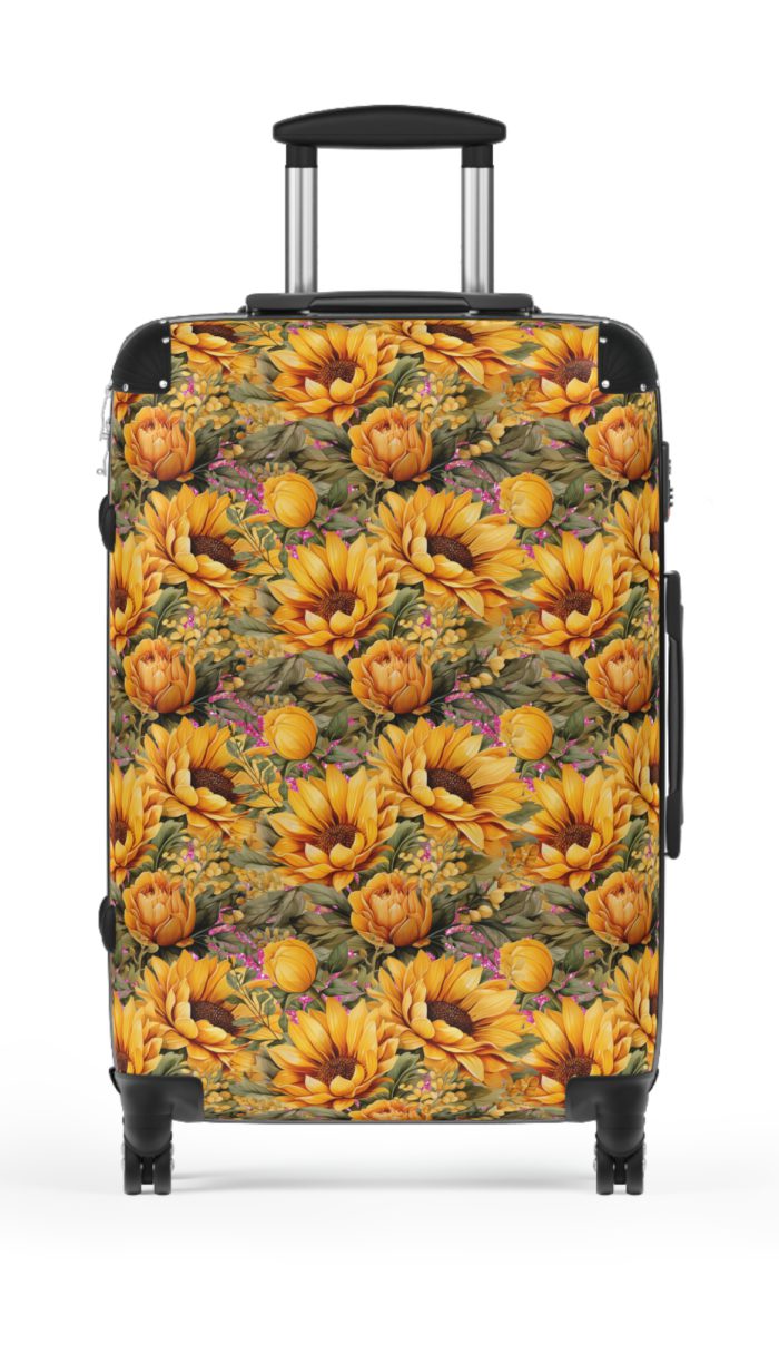 Sunflower Suitcase - A luggage adorned with a bright sunflower design, perfect for travelers who want to bring a touch of cheer and floral beauty to their journeys.Sunflower Suitcase - A luggage adorned with a bright sunflower design, perfect for travelers who want to bring a touch of cheer and floral beauty to their journeys.