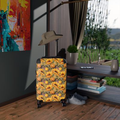 Sunflower Suitcase - A luggage adorned with a bright sunflower design, perfect for travelers who want to bring a touch of cheer and floral beauty to their journeys.Sunflower Suitcase - A luggage adorned with a bright sunflower design, perfect for travelers who want to bring a touch of cheer and floral beauty to their journeys.