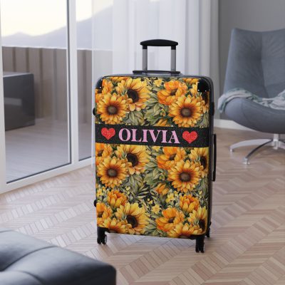 Custom Sunflower Suitcase - A personalized luggage adorned with a bright sunflower design, perfect for travelers who want to bring a touch of cheer and floral beauty to their journeys.