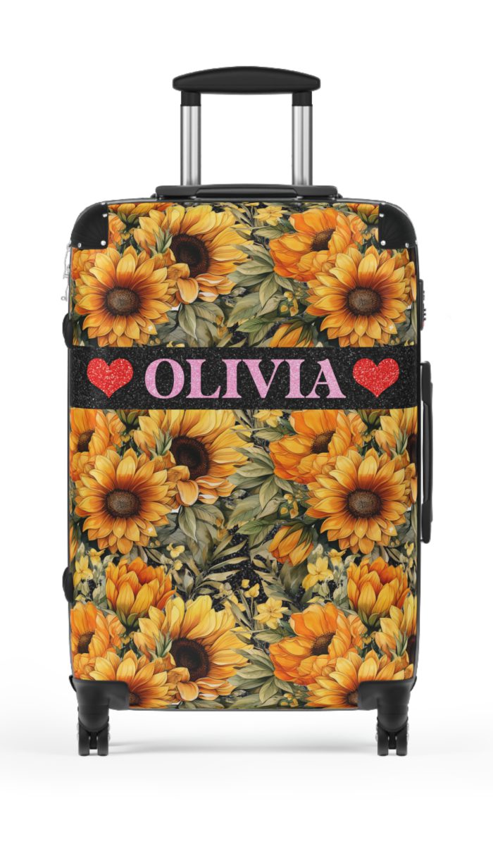 Custom Sunflower Suitcase - A personalized luggage adorned with a bright sunflower design, perfect for travelers who want to bring a touch of cheer and floral beauty to their journeys.