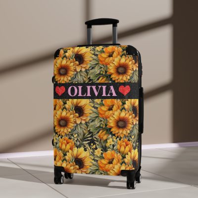 Custom Sunflower Suitcase - A personalized luggage adorned with a bright sunflower design, perfect for travelers who want to bring a touch of cheer and floral beauty to their journeys.