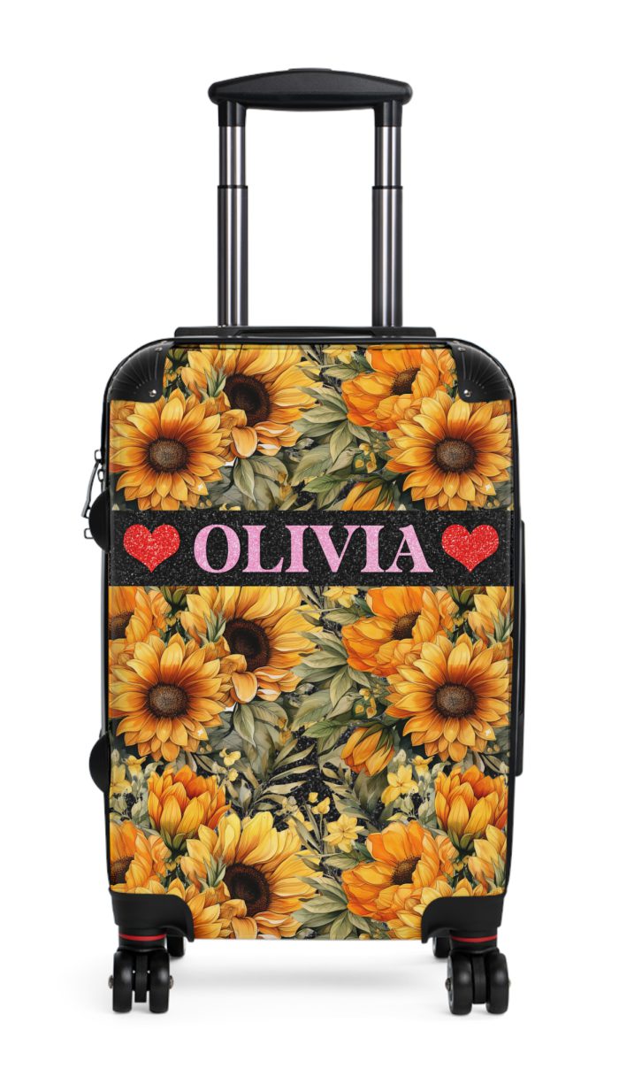 Custom Sunflower Suitcase - A personalized luggage adorned with a bright sunflower design, perfect for travelers who want to bring a touch of cheer and floral beauty to their journeys.