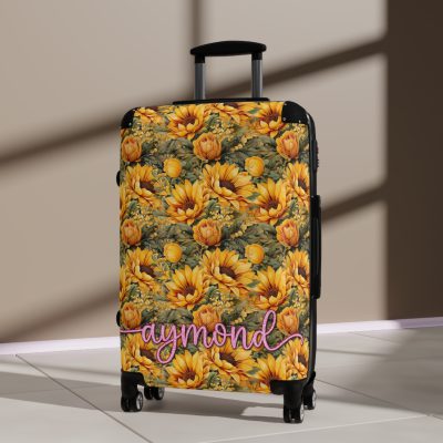 Custom Sunflower Suitcase - A personalized luggage adorned with a bright sunflower design, perfect for travelers who want to bring a touch of cheer and floral beauty to their journeys.