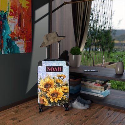 Custom Sunflower Suitcase - A personalized luggage adorned with a bright sunflower design, perfect for travelers who want to bring a touch of cheer and floral beauty to their journeys.