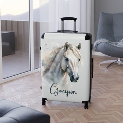 Custom Horse Suitcase - A personalized luggage adorned with a unique horse-themed design, perfect for travelers who want to add a touch of equestrian elegance to their journeys