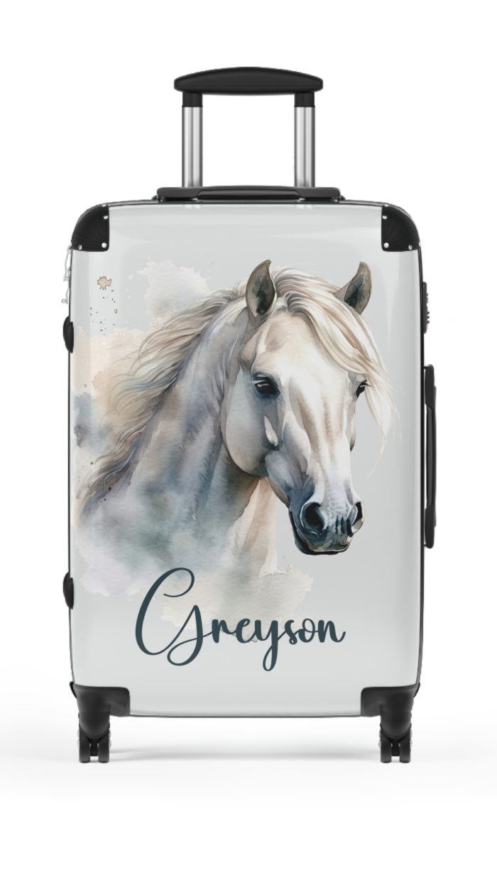 Custom Horse Suitcase - A personalized luggage adorned with a unique horse-themed design, perfect for travelers who want to add a touch of equestrian elegance to their journeys