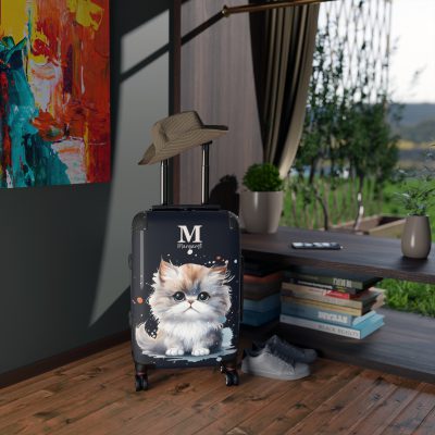 Custom Cat Suitcase - A personalized luggage adorned with a unique cat-themed design, perfect for travelers who want to add a touch of feline charm to their journeys.