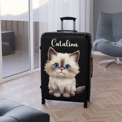 Custom Cat Suitcase - A personalized luggage adorned with a unique cat-themed design, perfect for travelers who want to add a touch of feline charm to their journeys.