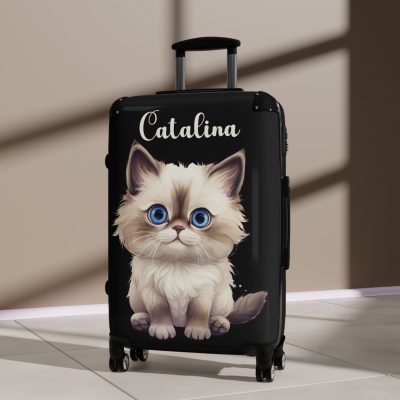 Custom Cat Suitcase - A personalized luggage adorned with a unique cat-themed design, perfect for travelers who want to add a touch of feline charm to their journeys.