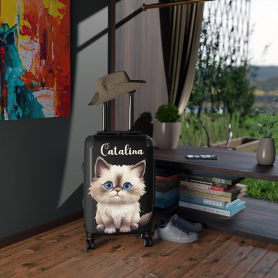 Custom Cat Suitcase - A personalized luggage adorned with a unique cat-themed design, perfect for travelers who want to add a touch of feline charm to their journeys.