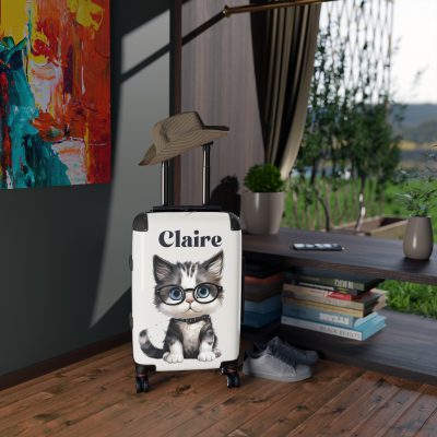 Custom Cat Suitcase - A personalized luggage adorned with a unique cat-themed design, perfect for travelers who want to add a touch of feline charm to their journeys.