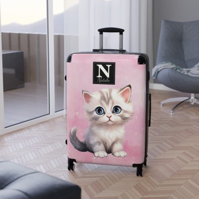 Custom Cat Suitcase - A personalized luggage adorned with a unique cat-themed design, perfect for travelers who want to add a touch of feline charm to their journeys.