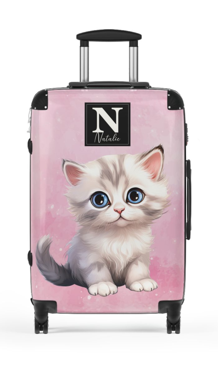 Custom Cat Suitcase - A personalized luggage adorned with a unique cat-themed design, perfect for travelers who want to add a touch of feline charm to their journeys.