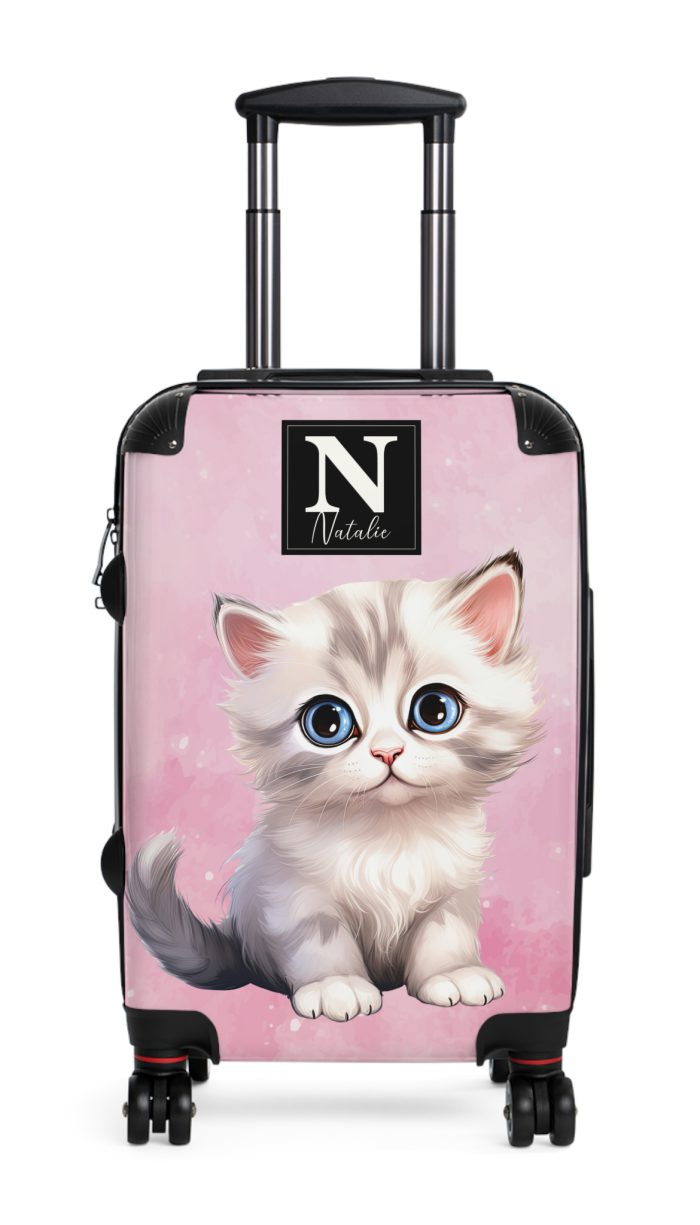 Custom Cat Suitcase - A personalized luggage adorned with a unique cat-themed design, perfect for travelers who want to add a touch of feline charm to their journeys.