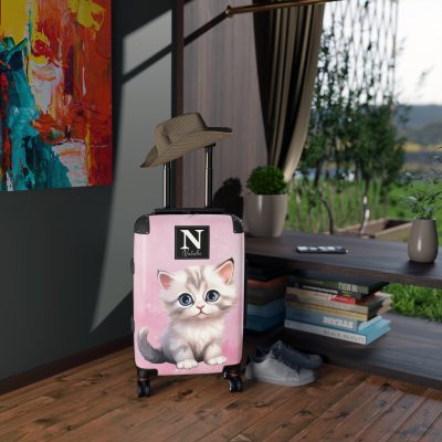 Custom Cat Suitcase - A personalized luggage adorned with a unique cat-themed design, perfect for travelers who want to add a touch of feline charm to their journeys.