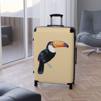 Toucan Suitcase - A unique travel gear featuring an exotic bird design, perfect for adventurers and bird enthusiasts, adding an adventurous touch to your journeys.