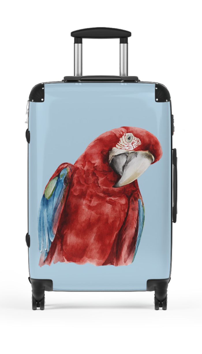 Macaw Suitcase - A vibrant travel gear featuring a macaw design, perfect for bird lovers and adding a burst of charm to your journeys.