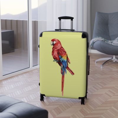 Macaw Suitcase - A vibrant travel gear featuring a macaw design, perfect for bird lovers and adding a burst of charm to your journeys.