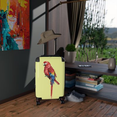 Macaw Suitcase - A vibrant travel gear featuring a macaw design, perfect for bird lovers and adding a burst of charm to your journeys.