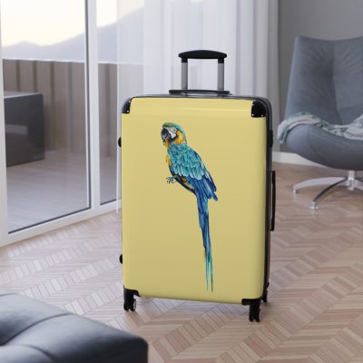 Macaw Suitcase - A vibrant travel gear featuring a tropical bird-inspired design, perfect for those who appreciate exotic and colorful styles on their journeys.