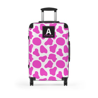 Custom Cow Print Suitcase - A personalized luggage adorned with a unique cow print design, perfect for travelers who want to add a touch of individuality to their journeys.