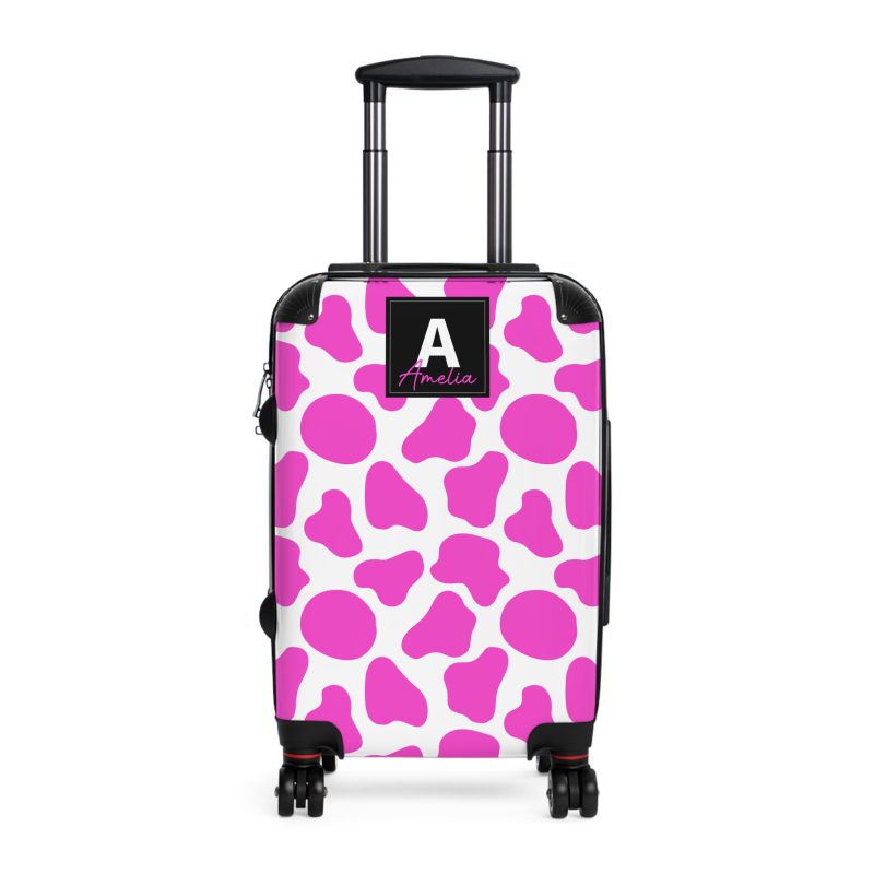 Custom Cow Print Suitcase - A personalized luggage adorned with a unique cow print design, perfect for travelers who want to add a touch of individuality to their journeys.