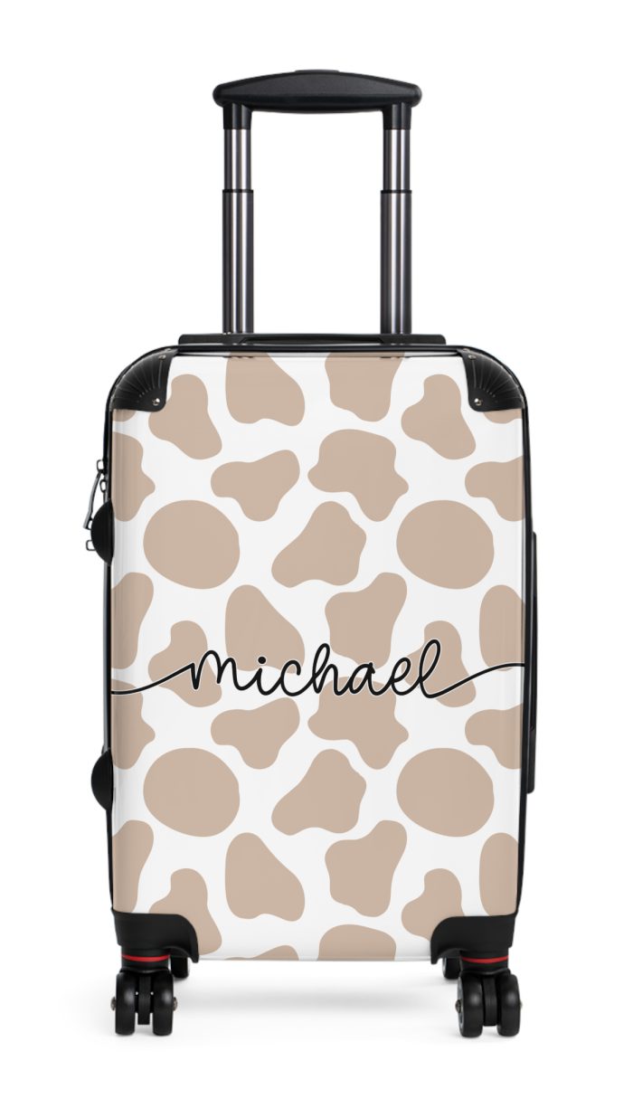 Custom Cow Print Suitcase - A personalized luggage adorned with a unique cow print design, perfect for travelers who want to add a touch of individuality to their journeys.