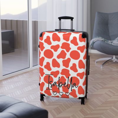 Custom Cow Print Suitcase - A personalized luggage adorned with a unique cow print design, perfect for travelers who want to add a touch of individuality to their journeys.