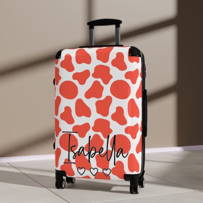 Custom Cow Print Suitcase - A personalized luggage adorned with a unique cow print design, perfect for travelers who want to add a touch of individuality to their journeys.