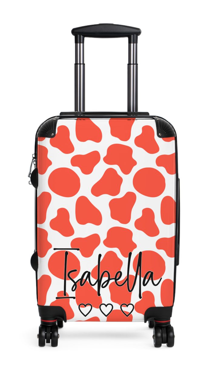 Custom Cow Print Suitcase - A personalized luggage adorned with a unique cow print design, perfect for travelers who want to add a touch of individuality to their journeys.