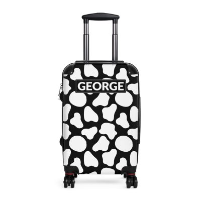 Custom Cow Print Suitcase - A personalized luggage adorned with a unique cow print design, perfect for travelers who want to add a touch of individuality to their journeys.